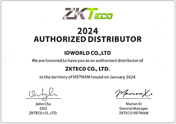 ZKTeco cấp chứng nhận nhà phân phối cho Công ty TNHH Idworld và công bố thông tin trên website hãng.