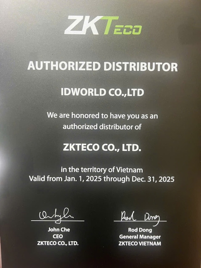 ZKTeco cấp chứng nhận nhà phân phối cho Công ty TNHH Idworld và công bố thông tin trên website hãng.
